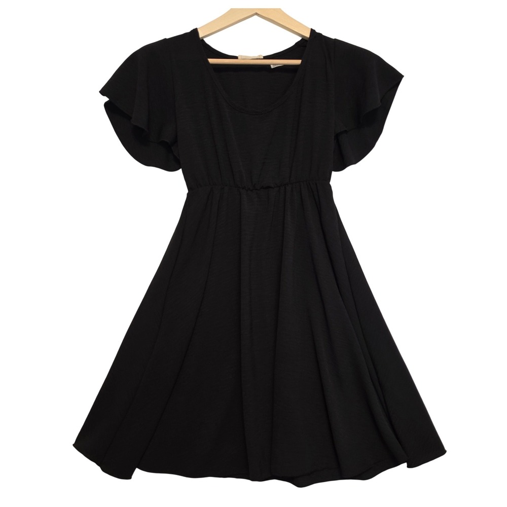 See You Monday Flutter Sleeve Elastic Waist Textured Black Mini Dress Medium